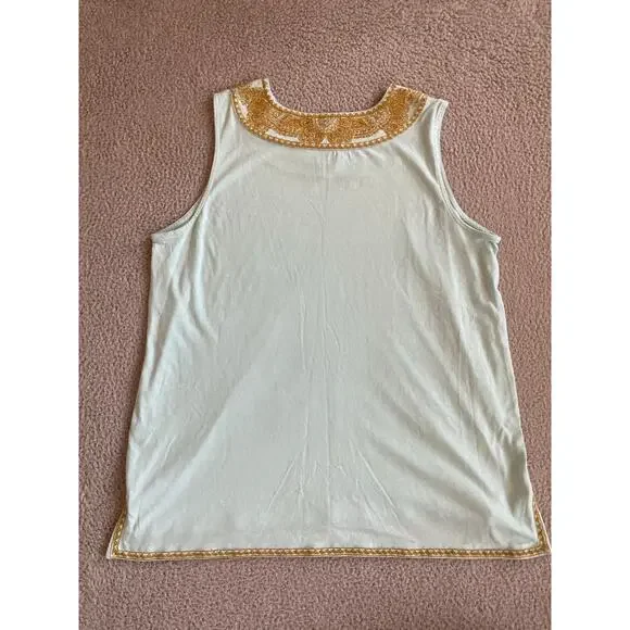 J Jill Tank Top Large Embroidered V-Neck Sleeveless Blouse Stretch Gold Beach - Picture 4 of 13